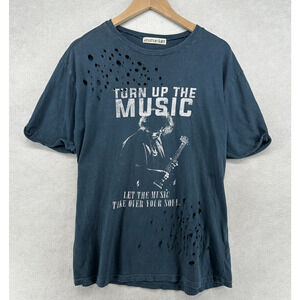 JONATHAN SAINT Shirt Mens L TURN UP THE MUSIC Crewneck Distressed Washed Blue